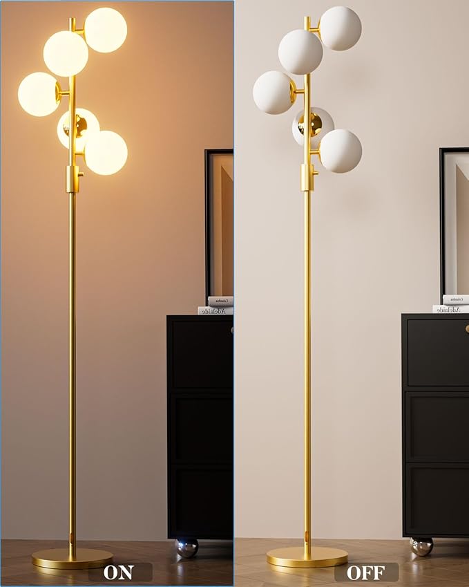 Lightdot Dimmable Globe Floor Lamp Mid Century Modern Floor Lamp with 5Pcs 3000K G9 Bulbs Stepless Brightness Adjustable Gold Standing Lamps with Stable Base for Living Room Bedroom Office