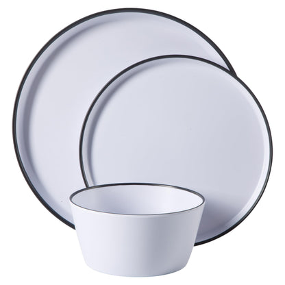 Gibson Home Folsom Shores 12 Piece Unbreakable Modern Melamine Plates and Bowls Dinnerware Set - Outdoor, Camping, & Everyday Use - White W/Black Rim