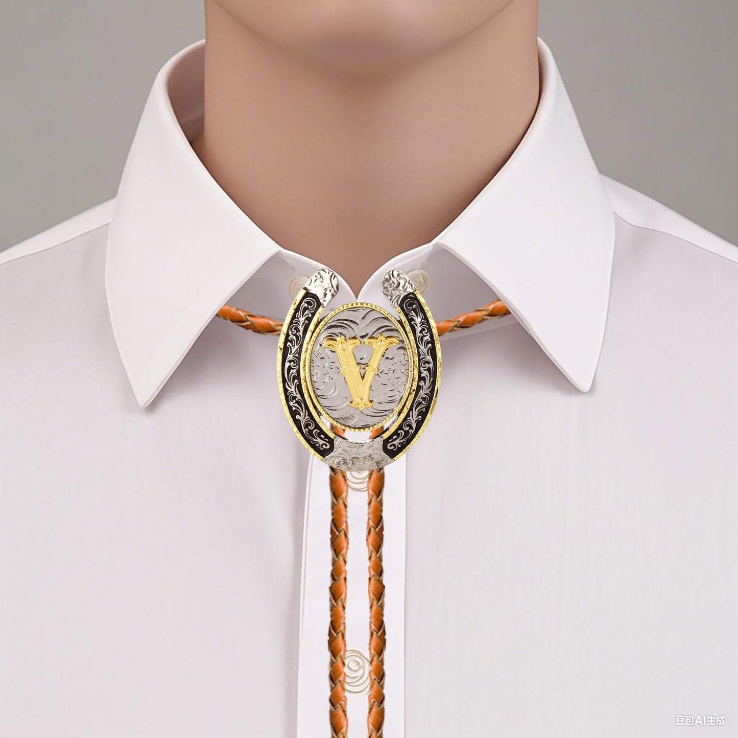 HLYMPONY Bolo tie for Men Western Cowboy Brown Leather Necktie Gold Initial Letter ABCDJMR to Z Bolo ties for Women (V)
