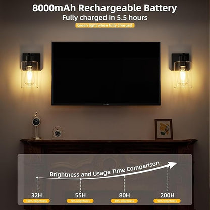 Battery Operated Wall Sconce with Remote Wall Light Rechargeable Wireless Cordless Led Glass Wall Lamp Indoor with 3 Color Temperature Dimmable E26 Edison Bulbs for Bedroom Bathroom Hallway Black