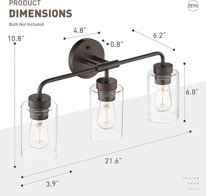 zeyu 3-Light Farmhouse Bathroom Light Fixtures, 22 Inch Bathroom Vanity Light with Clear Glass Shade, Oil Rubbed Bronze Finish, ZS62B-3W ORB