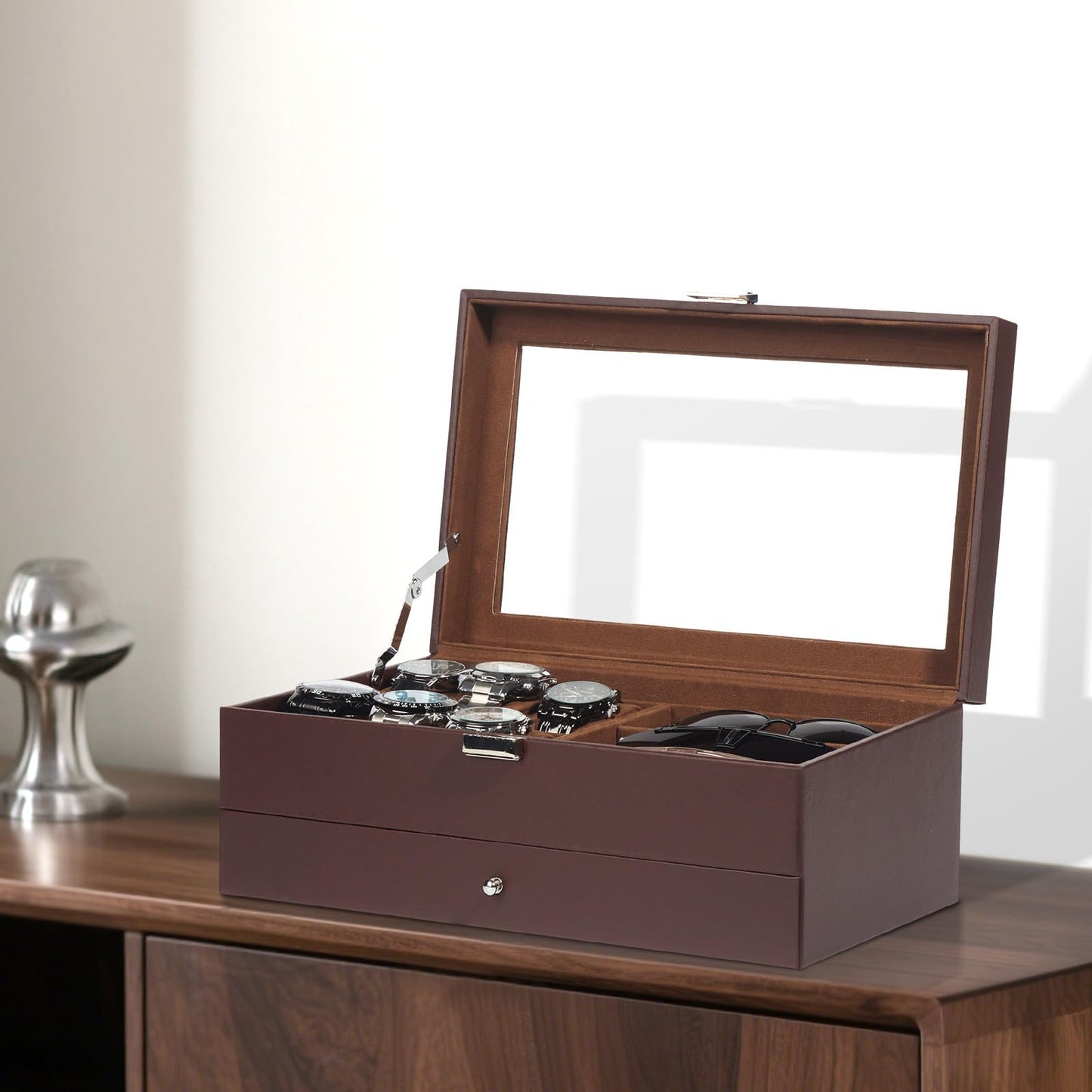 GLJ Jewelry Box for Men, 6 Slot Watch Box Jewelry Organizer With Drawer, Watch Case for Men with Large Window, 2-Layer Watch Holder, Sunglasses Storage Organizer, Velvet Lining, Fathers Day Gift