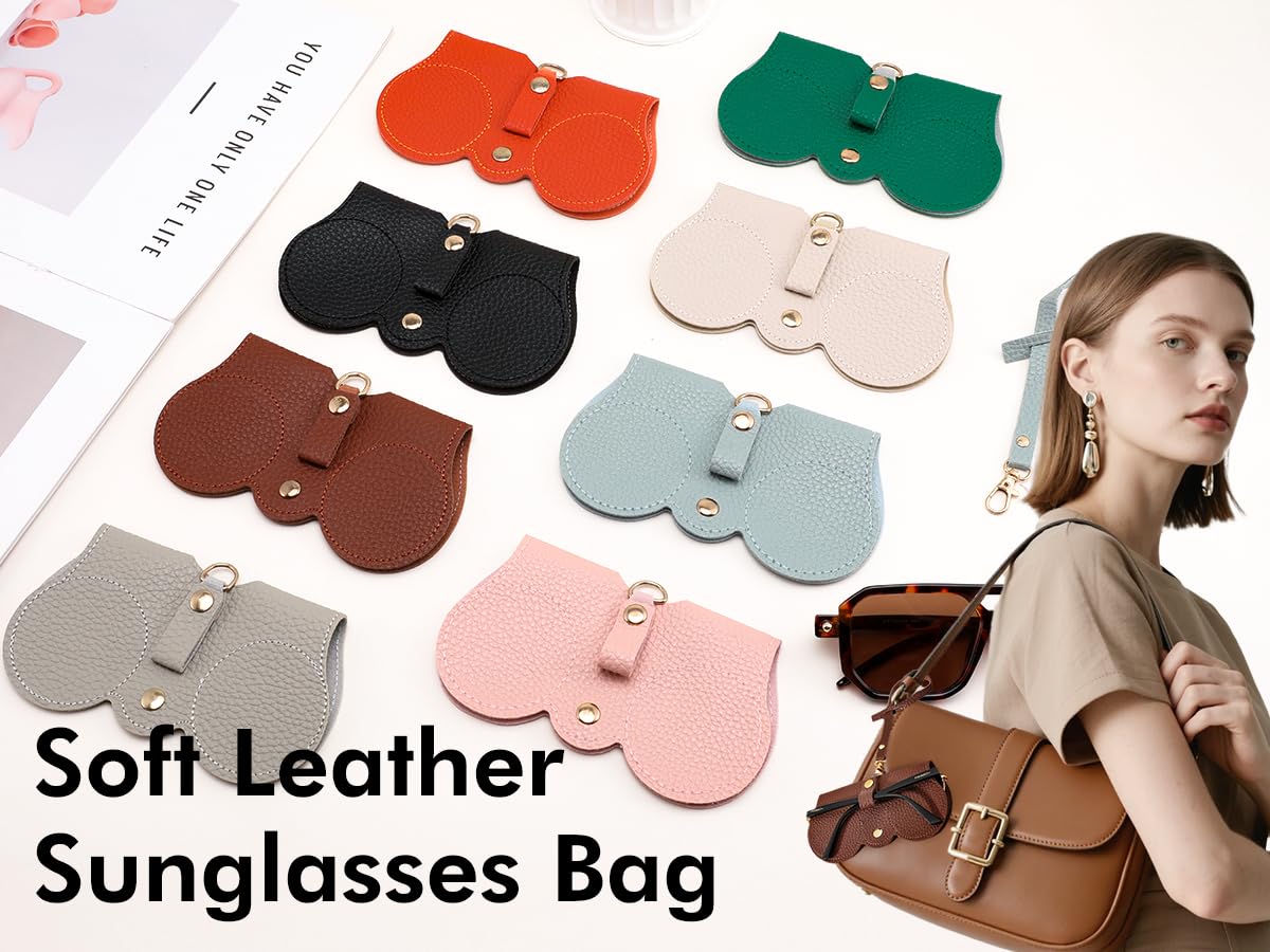 FEISEDY 2Pack Soft Leather Sunglass Bag, Holder Eyeglasses Case, Portable Glasses Pouch With Button Clip Wrist Strap B0049