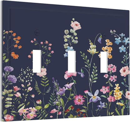 Rustic Wild Floral Darkground Vintage Watercolor Flower 3 Gang Light Switch Covers Decorative Unique Triple Toggle Wall Plate Electrical Faceplate Switchplate for Bathroom Decor