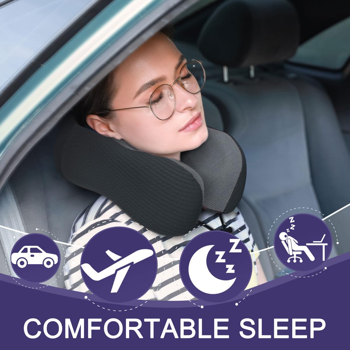 napfun Neck Pillow for Traveling, Upgraded Travel Neck Pillow for Airplane 100% Pure Memory Foam Travel Pillow for Flight Headrest Sleep, Portable Plane Accessories, Light Grey