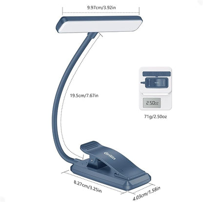 Gritin 19 LED Rechargeable Book Light for Reading in Bed with Memory Function- Eye Caring 3 Color Temperatures,Stepless Dimming Brightness,80 Hrs Runtime Clip on Light for Book Lovers-Pacific Blue