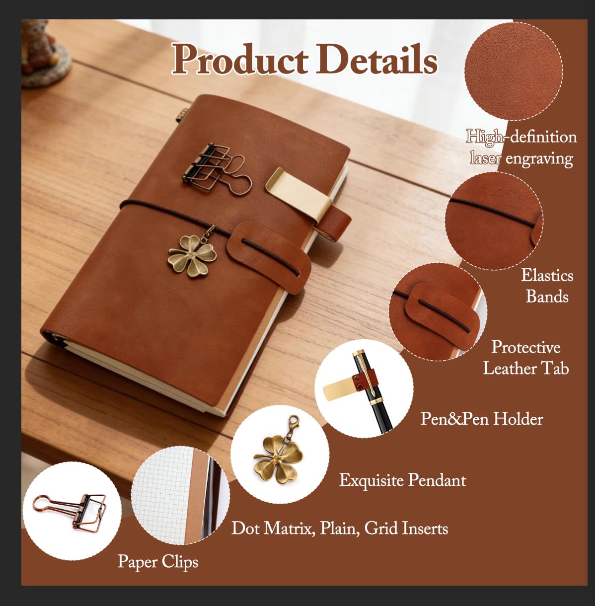 BEIZMHBO Refillable Travelers Notebook with Pockets, Handmade Travel Diary with Pen Holder & Vintage Stickers, Brown Leather Journal with 4 Notebook Inserts for Men Women Traveler Writing, 8.3" x 4.7"