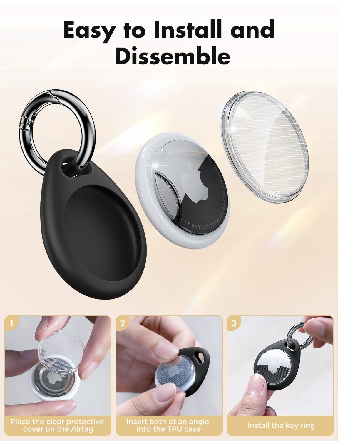 UNBREAKcable Holder for Apple AirTag [Fit Tightly Design] [Easy to Install] [Hold Air Tag Securely] Waterproof TPU Shell Case with All Metal Keychain Key Ring Clip, 4 Pack, Black