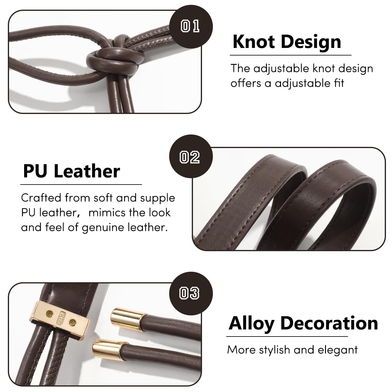 JUXCOKO Women's Knotted Thin Waist Belt PU Leather Skinny Belts for Dresses Pants(Coffee)