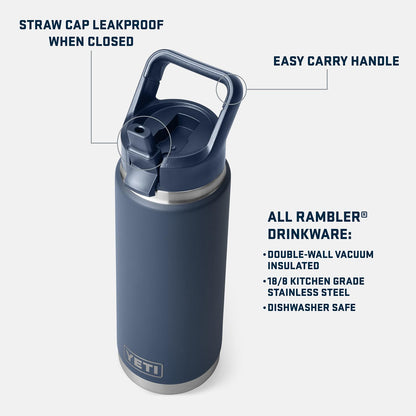 YETI Rambler 26 oz Bottle, Vacuum Insulated, Stainless Steel with Color Matching Straw Cap, Rescue Red