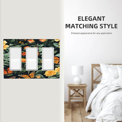 Butterflies Flower Garden 3 Gang Rocker Triple Outlet Wall Plate Decorative Switchplate Cover Faceplate GFCI Light Switch Covers for Farmhouse Living Decor