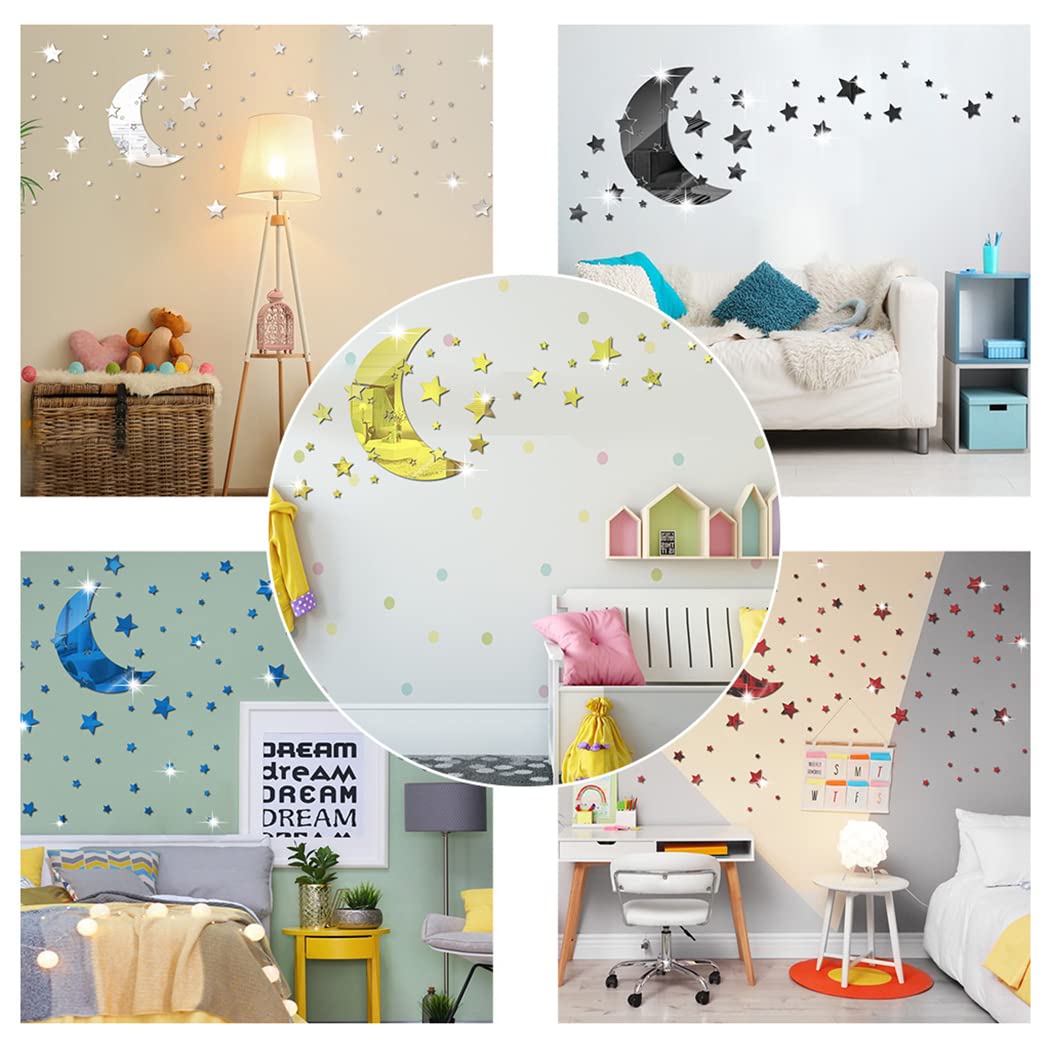 Moon Star Mirror Wall Stickers, 146 PCS Stars & Crescent Moon, 3D Art Decals for Baby Kid Bedroom & Living Room (Red)