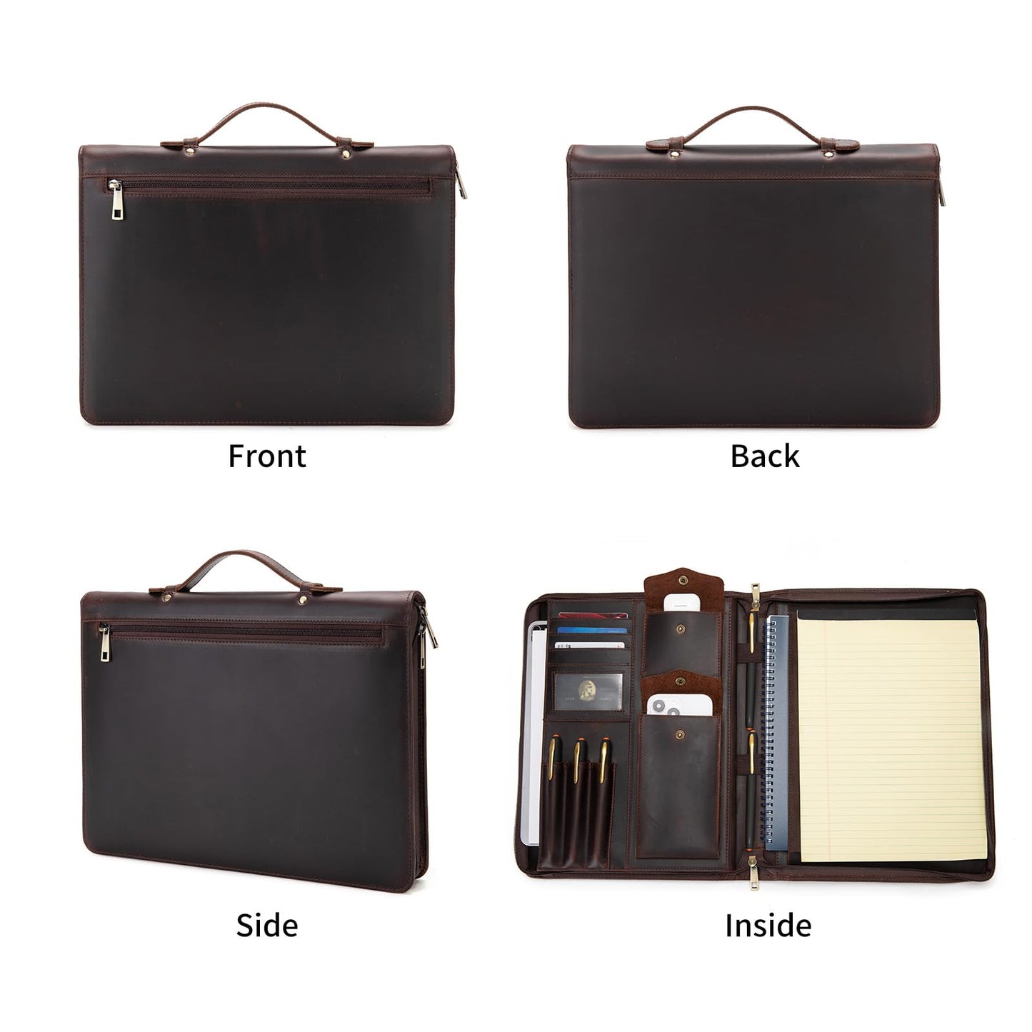 Geslun Genuine Leather Portfolio with Hidden Handle, Zippered Front Pocket, Business Padfolio for Men and Women, 8.5 x 11 Legal Pad Notebook Holder, Office Letter Notepad Folio, Dark Brown