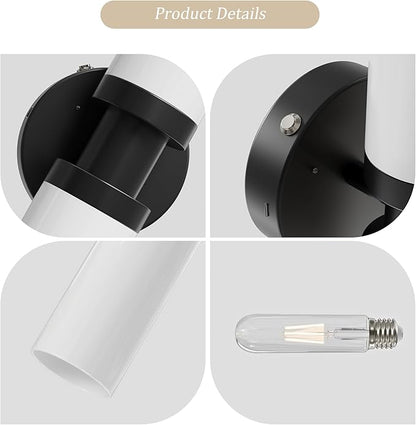 Rechargeable Battery Wall Sconce Set of Two, Cordless, Dimmable, Timer, Remote, Touch Control, 3000K, USB-C Charging for Living Room, Bedroom Black with White Lampshade (Include 4 Special Bulbs)