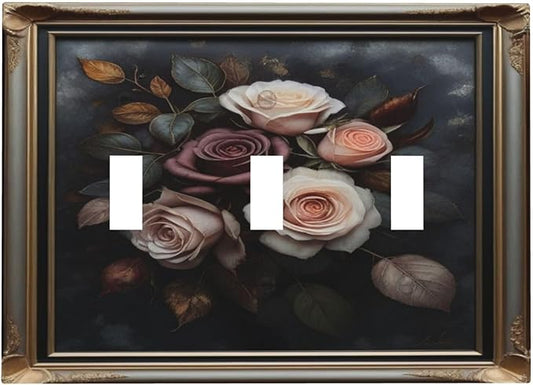 Decorative Art Light Switch Covers Elegant Rose Bouquet Art 3 Gang Triple Toggle Wall Plate Decorative Switch plate Electrical Faceplate for Home Decor