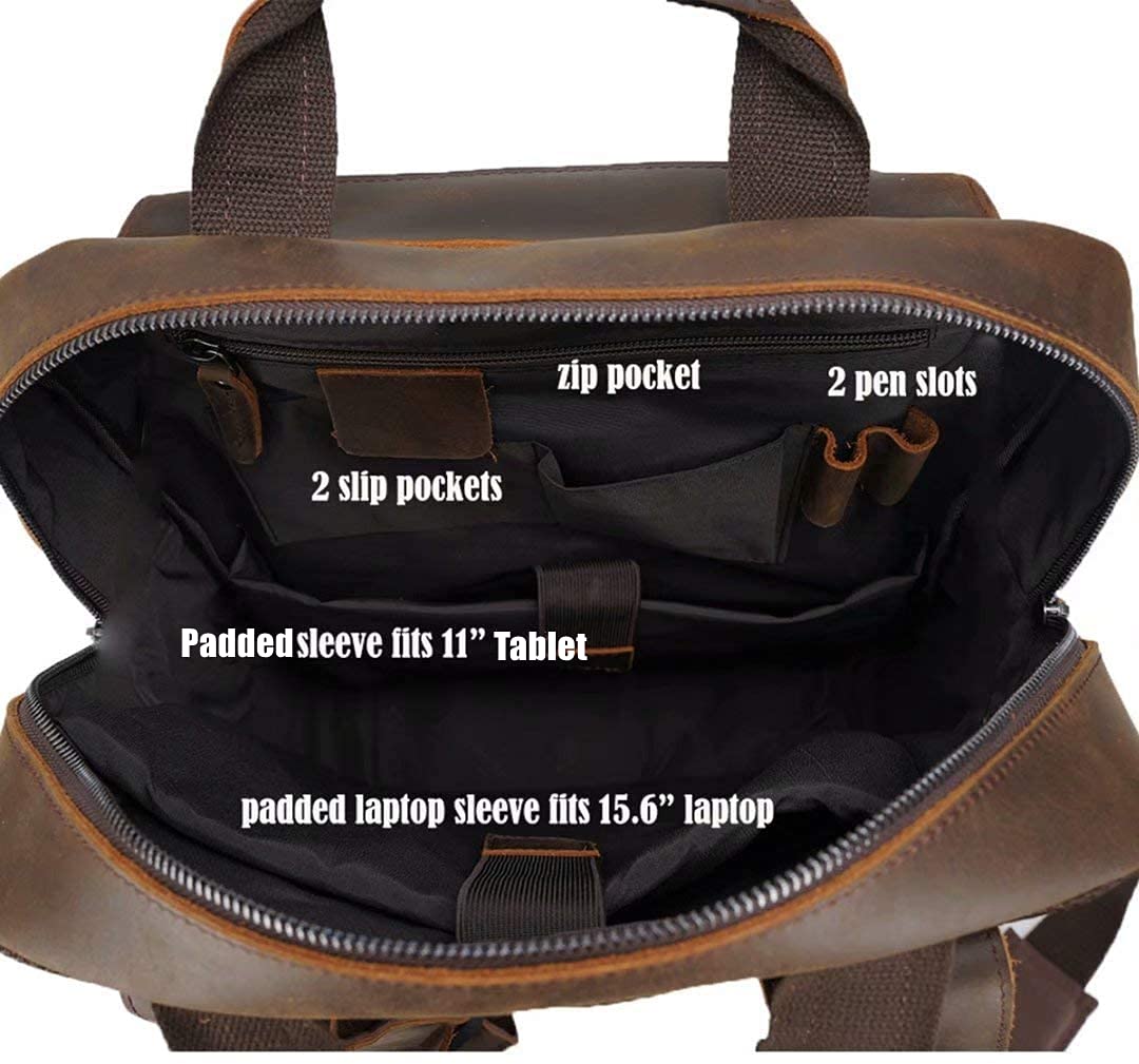 Masa Kawa Leather Backpack for Men Vintage 15.6 Inch Laptop Bag Multi Pockets Casual Travel Daypack Brown