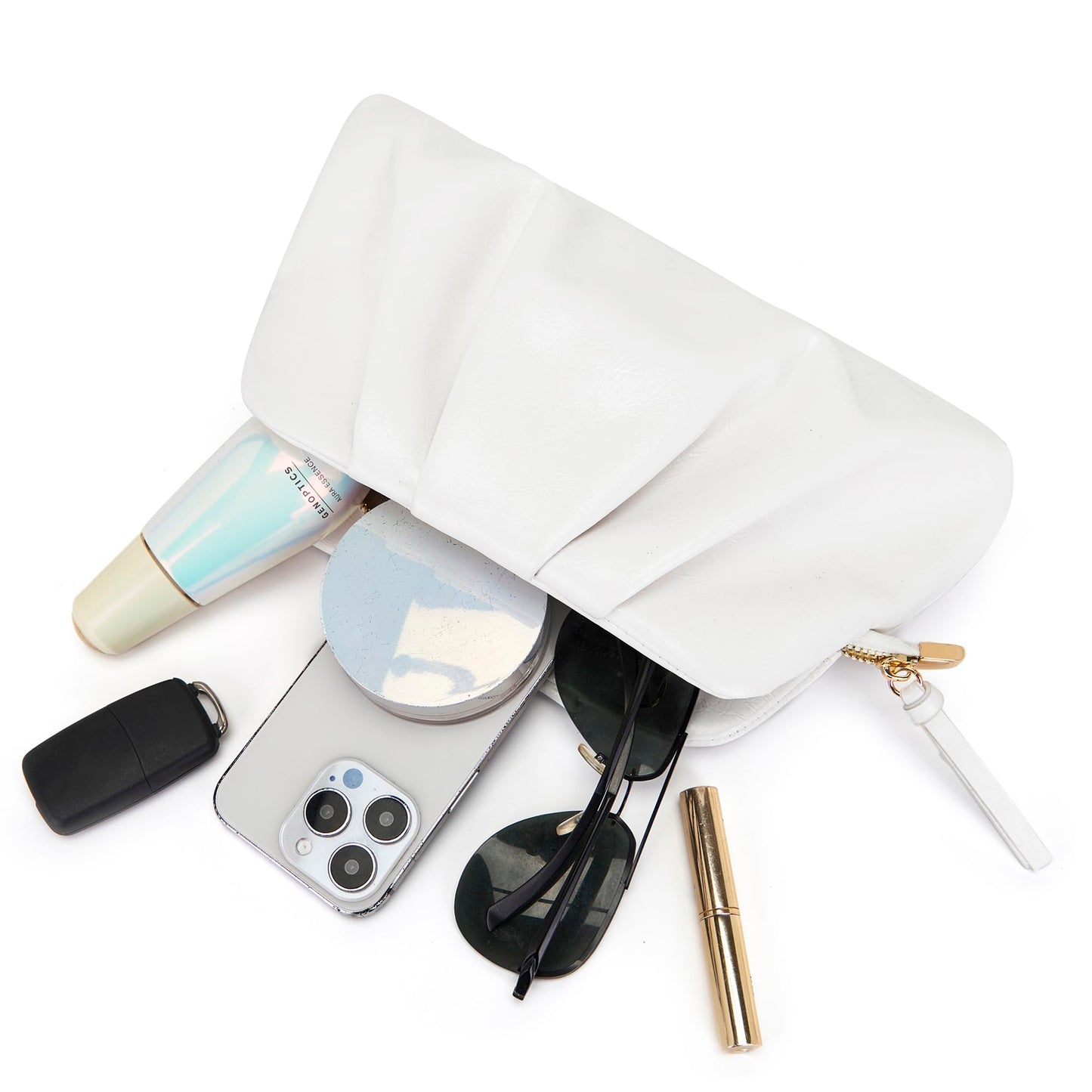 Milisente Clutch Purses for Women Shiny PU Leather Pleated Evening Clutch Bag With Shoulder Strap for Formal Wedding Prom (White)