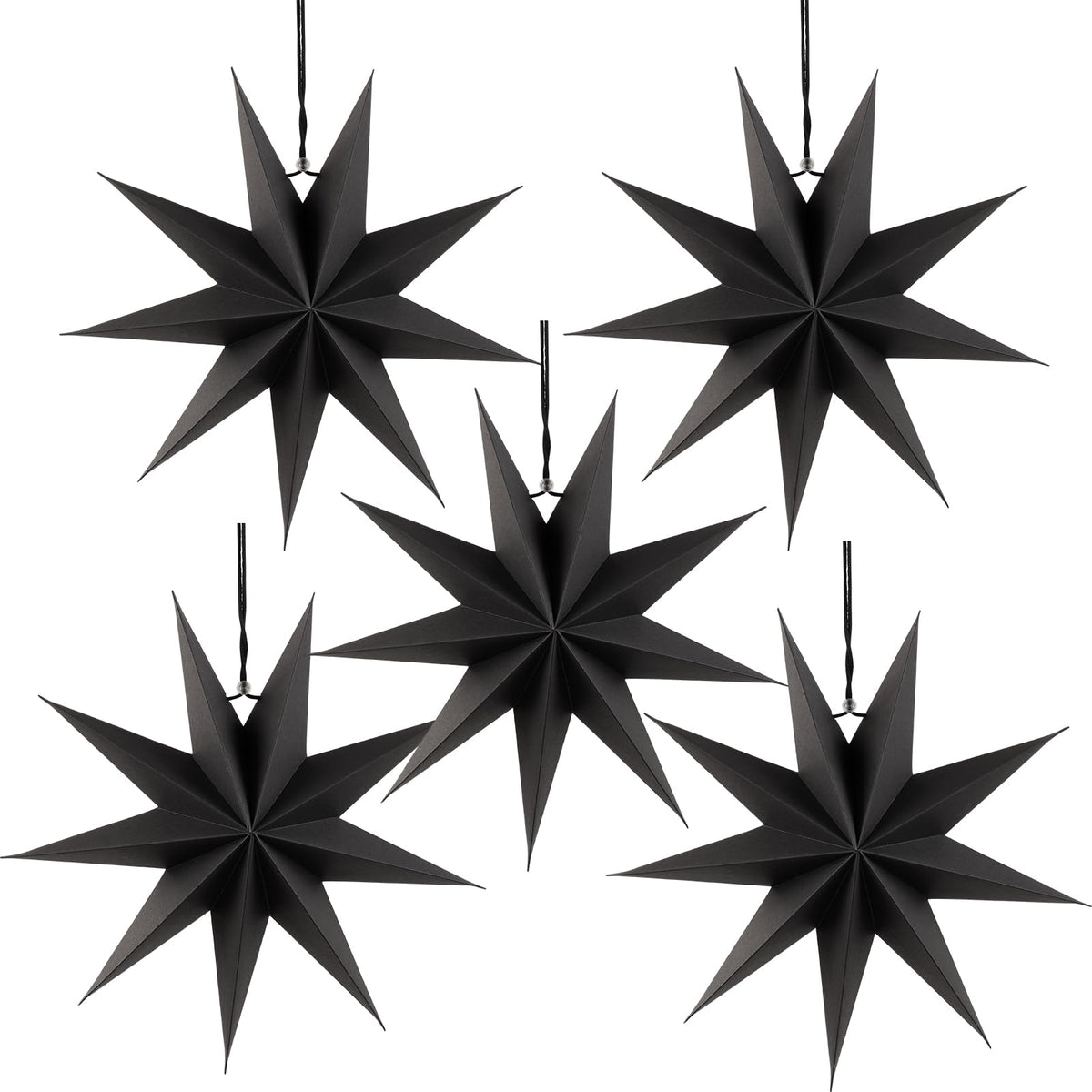SUNBEAUTY 5 Pcs 9-Pointed Black Paper Star Lanterns 12 Inch Hanging Lamp Black Paper Funeral Decorations Christmas Birthday Home Holiday Party Decorations