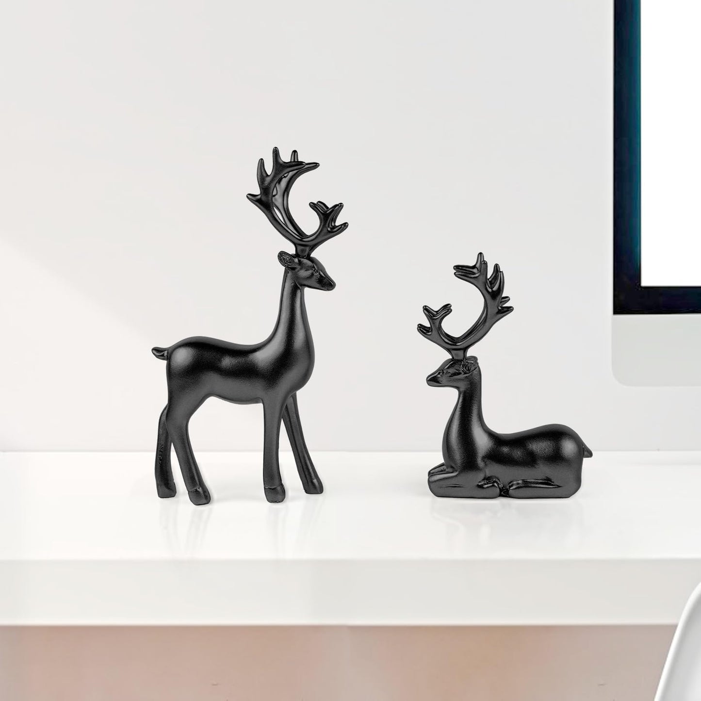 Bonlting 2 Pack Resin Christmas Reindeer Figurines Deer Statues Elk Sculpture Deer Ornaments for Living Figurine Statues TV Cabinet Home Office Wine Cabinet Decoration (Black)