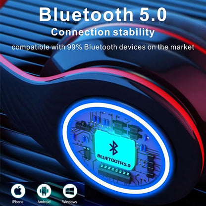 Fragolucyou Wireless Bluetooth Headphones-Colorful Lights,Foldable,Bluetooth 5.0,10 m Range,Stereo Surround,Built-in Microphone,Comfortable affixed Ears (Black-red)