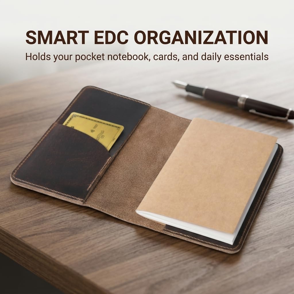 Rustique Leather Field Notes Cover Collection - Refillable Travel Journal & Notebook Organizer with Card Slots - Handmade Full Grain Leather (Curved Pocket Set - Smoky Bourbon)