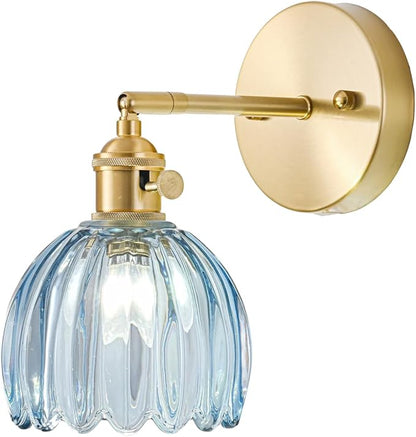 Hardwired Wall Sconce Light, Vintage Wall Sconce with Switch, Gold Wall Light Fixture with Tulip Denim Blue Glass Lampshade, Indoor Wall Light for Bedroom Bathroom, Bedside Wall Lamp