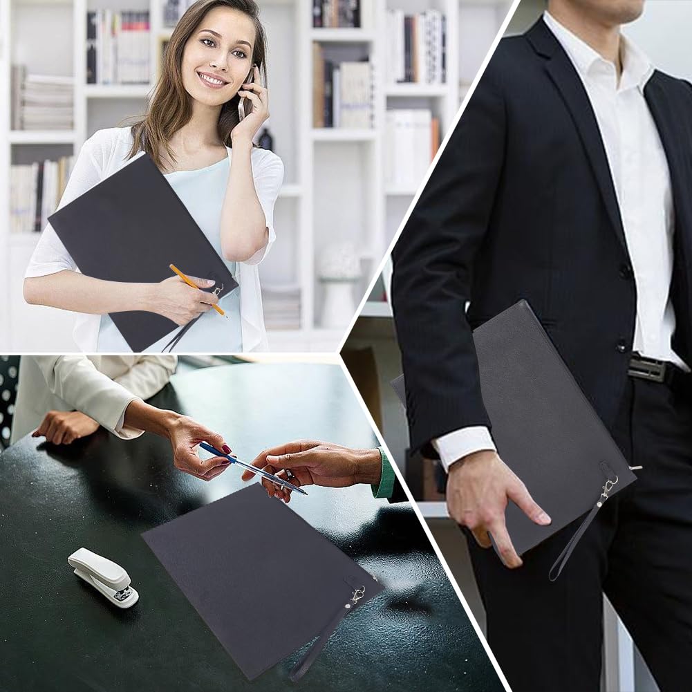 CALFOVERA A4 PU Leather File Holder with Removable Hand Strap Black Thin Document Folder Waterproof Portfolio Filing Zipper Pocket Oragnizer Bag Case for Receipt Contract Stationery Tablet