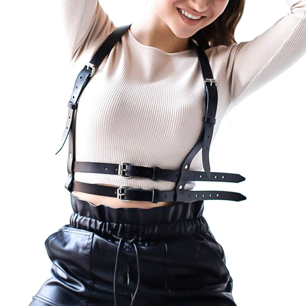 Punk Black Pu Leather Belt, Harness Belt for Women Gothic Body Adjustable Waist Rave Dresses Party Accessories