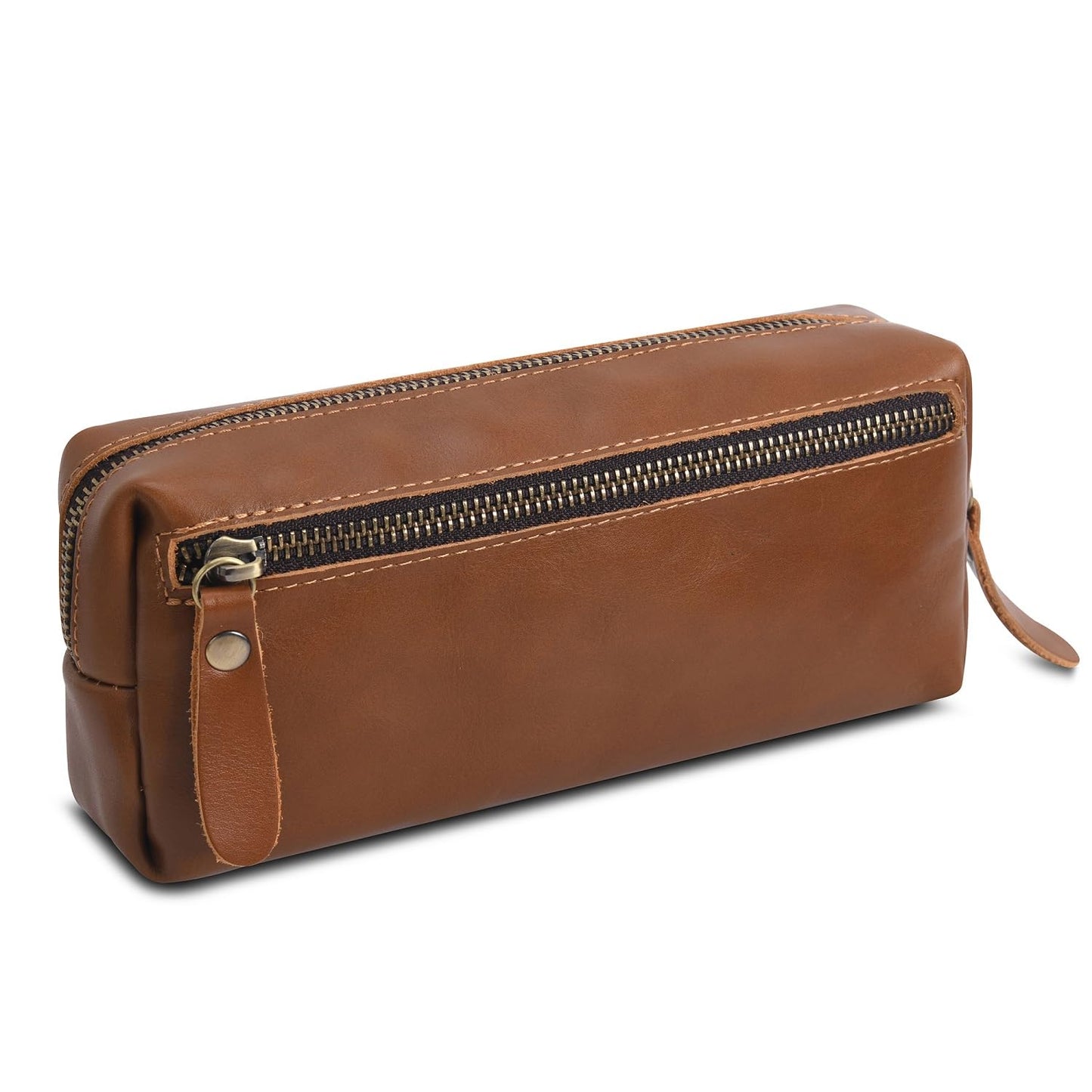 WONDERPOOL Pen Case Real Leather Pencil Pouch Markers Holder Big Capacity Bag with Side Zippered Pocket Sleeve for Stationery Makeup Utensils Organizer (Light brown)