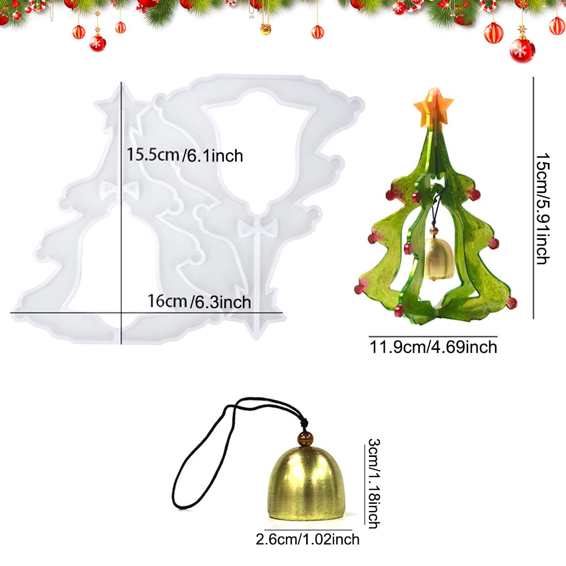 Voyyphixa 3D Christmas Tree Resin Mold with Bells Splicing Tree with Topper Star Silicone Molds for Epoxy Resin Xmas Ornaments Art Resin Casting Mold DIY Home Decoration Pendant Crafts Gift