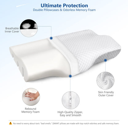 ZAMAT Memory Foam Pillow for Neck Pain Relief, Adjustable Orthopedic Ergonomic Cervical Pillow for Sleeping with Washable Cover, Bed Pillows for Side, Back, Stomach Sleepers