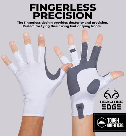 Tough Outdoors Fingerless Fishing Gloves - UPF 50+ UV Gloves - Reinforced Grip for Kayaking & Rowing - Fishing Accessories - White - L/XL