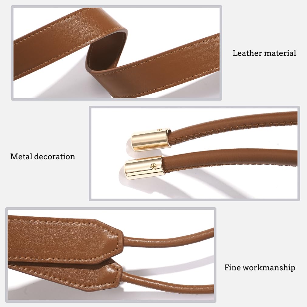 Buywis Women PU Leather Tie Waist Belts Knotted Thin Skinny Rope Waistband Brown Fit Waist 27"-37"