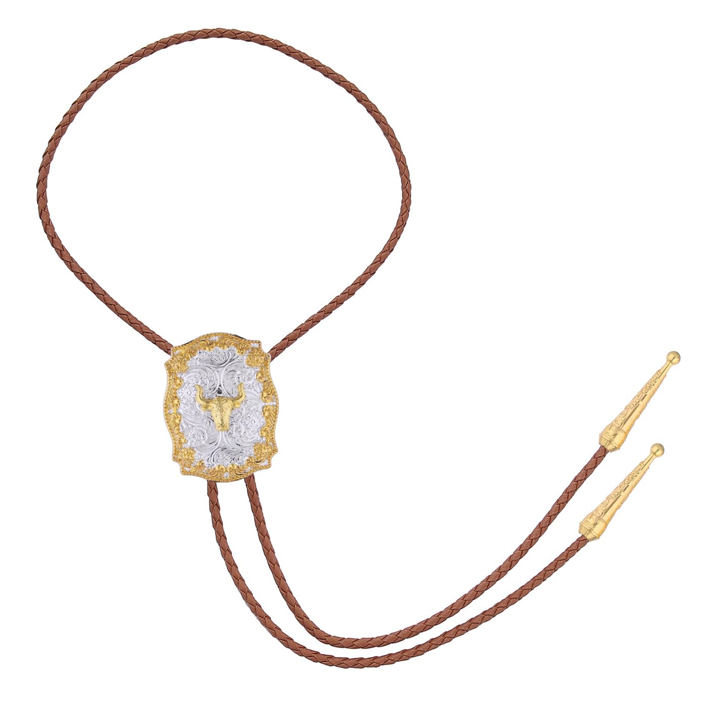 GelConnie Western Bolo Tie for Men Gold Cow Skull Pendant on Brown Leather Bolo Tie Handmade Western Ties Cowboy Necktie Accessories