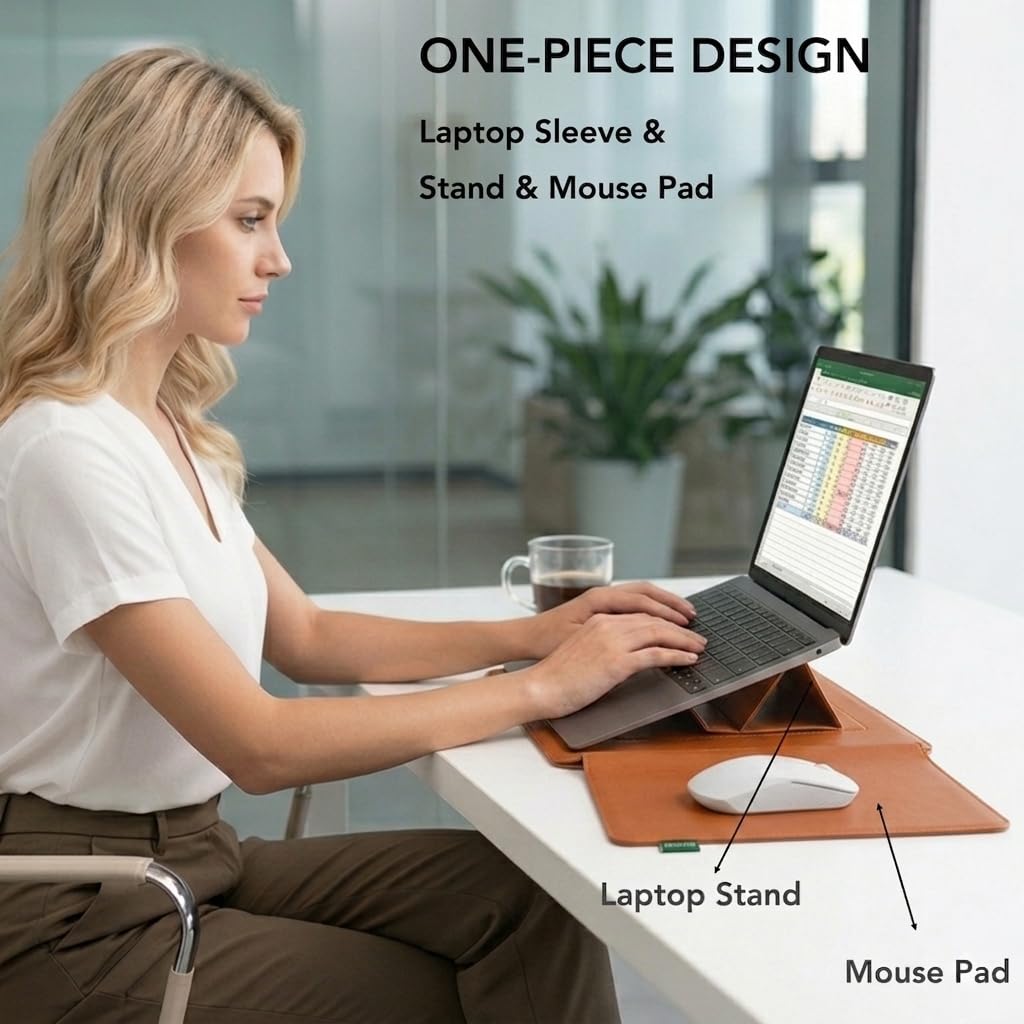 Gyanm 4-in-1 Laptop Sleeve with Stand and Mouse Pad, Faux Leather Protective Case with Accessory Pouch for 13.3-14 Inch Laptops, Brown