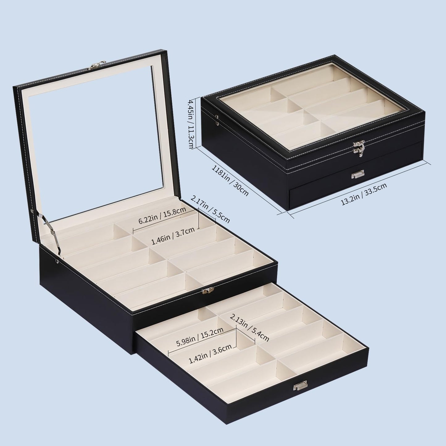 AUTOARK 2-Tier Lockable Glasses & Jewelry Organizer Case with Glass Top,20 Capacity PU Leather Display Box for Sunglasses,Watches,Rings,Ideal Gift for Home Office,Black,MKAW-301