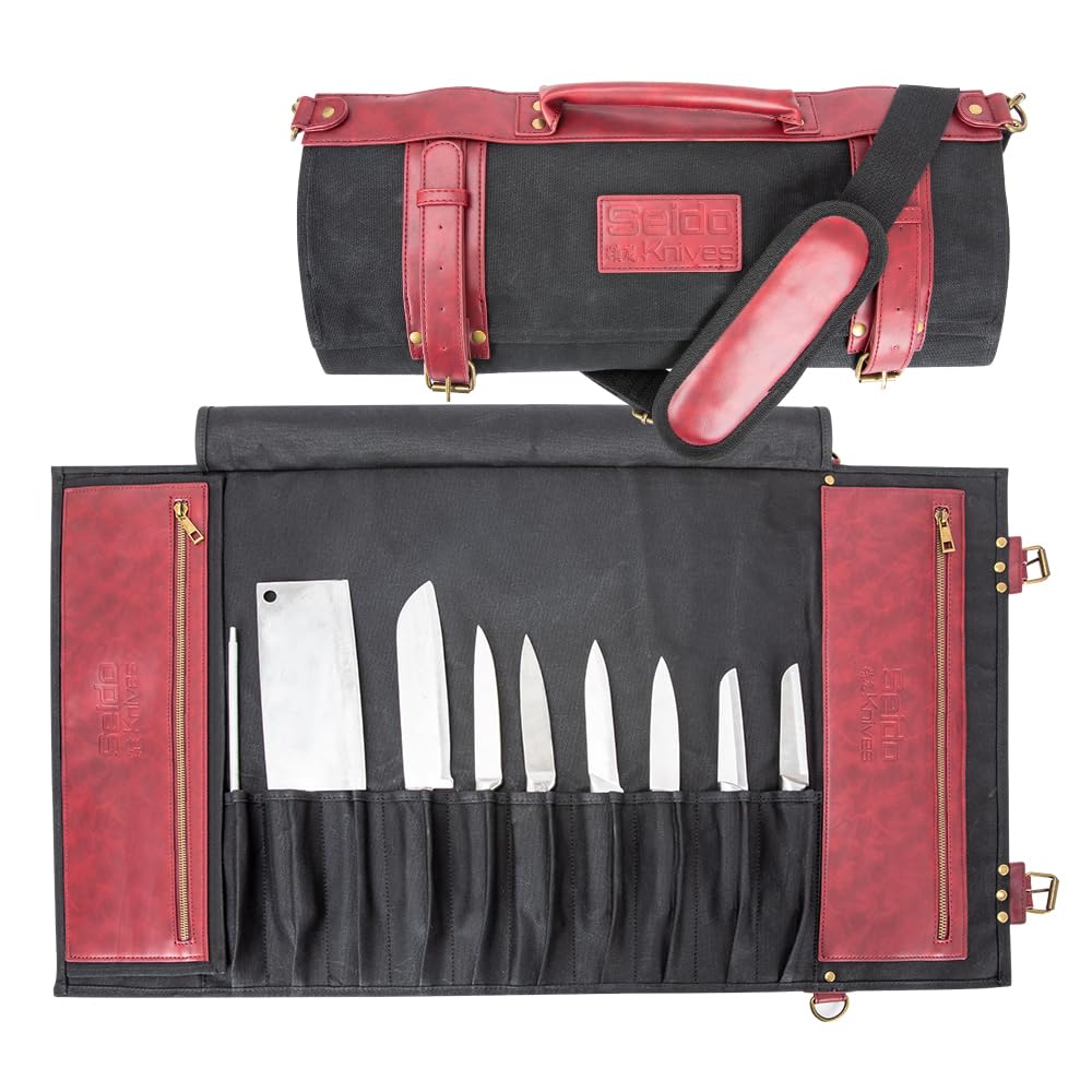 Seido Knives Professional Knife Roll Bag - Heavy Duty Canvas & Leather, Holds 18 Knives and Culinary Tools Including 12 Large Knives, with 4 Slots for Utensils and 2 Large Meat Cleavers