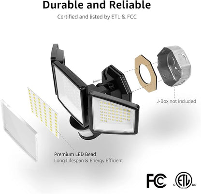 Lepro LED Security Lights, Outdoor Motion Sensor Light, Flood Lights with 3 Adjustable Heads, 270° Wide Lighting Angle, 27W 3200LM Super Bright, IP65 Waterproof for Yard Porch Garage, Black