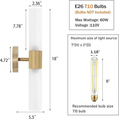 Gold Knurled Texture Wall Sconce Frosted Glass Shade Modern Bathroom Vanity Light Fixtures 2-Lights Mid Century Wall Light for Mirror Living Room Hallway E26 T10 Bulbs(Excluded)