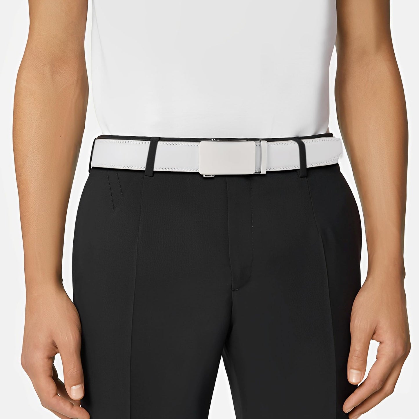 KUULIMEE White Belt Men, Ratchet Dress Casual Belt with Adjustable Automatic Buckle Trim to Fit-WHITE-51-110