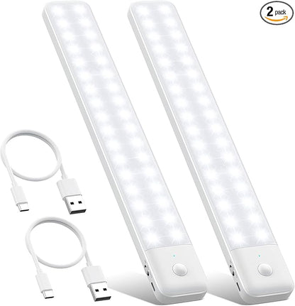 80LEDs Under Cabinet Light 2 Pack,Motion Sensor Led Light Indoor,USB C Rechargeable Closet Under Counter Lighting,12.6inch Battery Powered Operated Night Light for Kitchen,Wardrobe,Cupboard