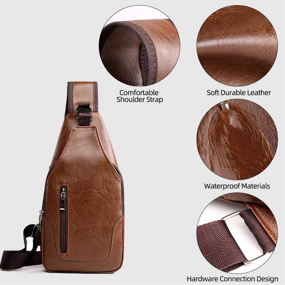 Peicees Leather Sling Bag Mens Crossbody Chest Bag Sling Backpack for Men with USB Charge Port