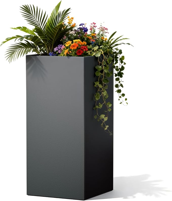 Metal Planter Box 14" x 14"x 30",Heavy-duty Galvanized Steel Outdoor Planter with Removable Built-in shelf and Drainage Holes,Rectangular Planter for Porches, Gardens, Patios, and Courtyards，Black