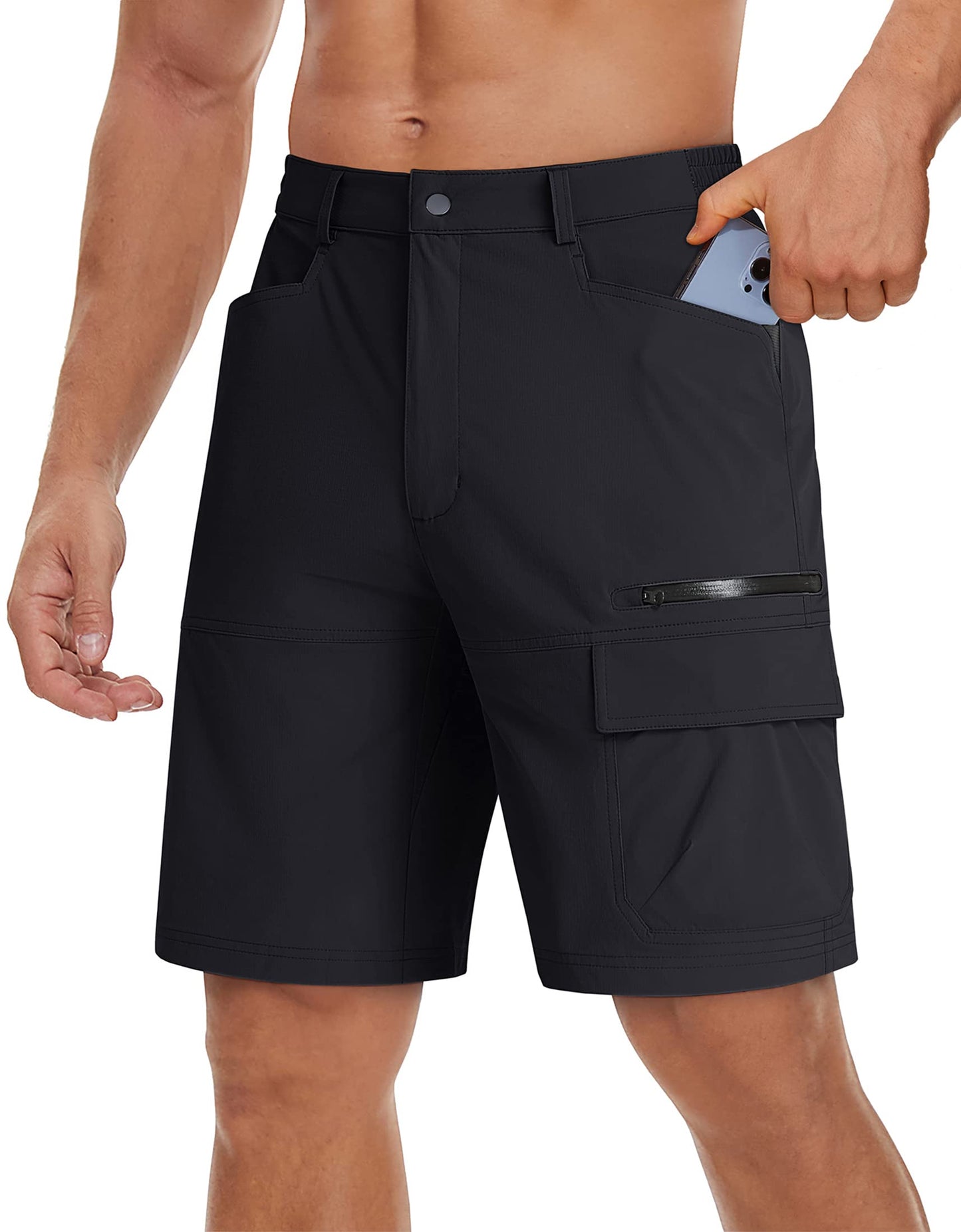 TACVASEN Mens 10" Hiking Cargo Shorts Golf Casual Lightweight Quick Dry Summer Dress Fishing Travel Shorts with Zipper Pockets Black 40