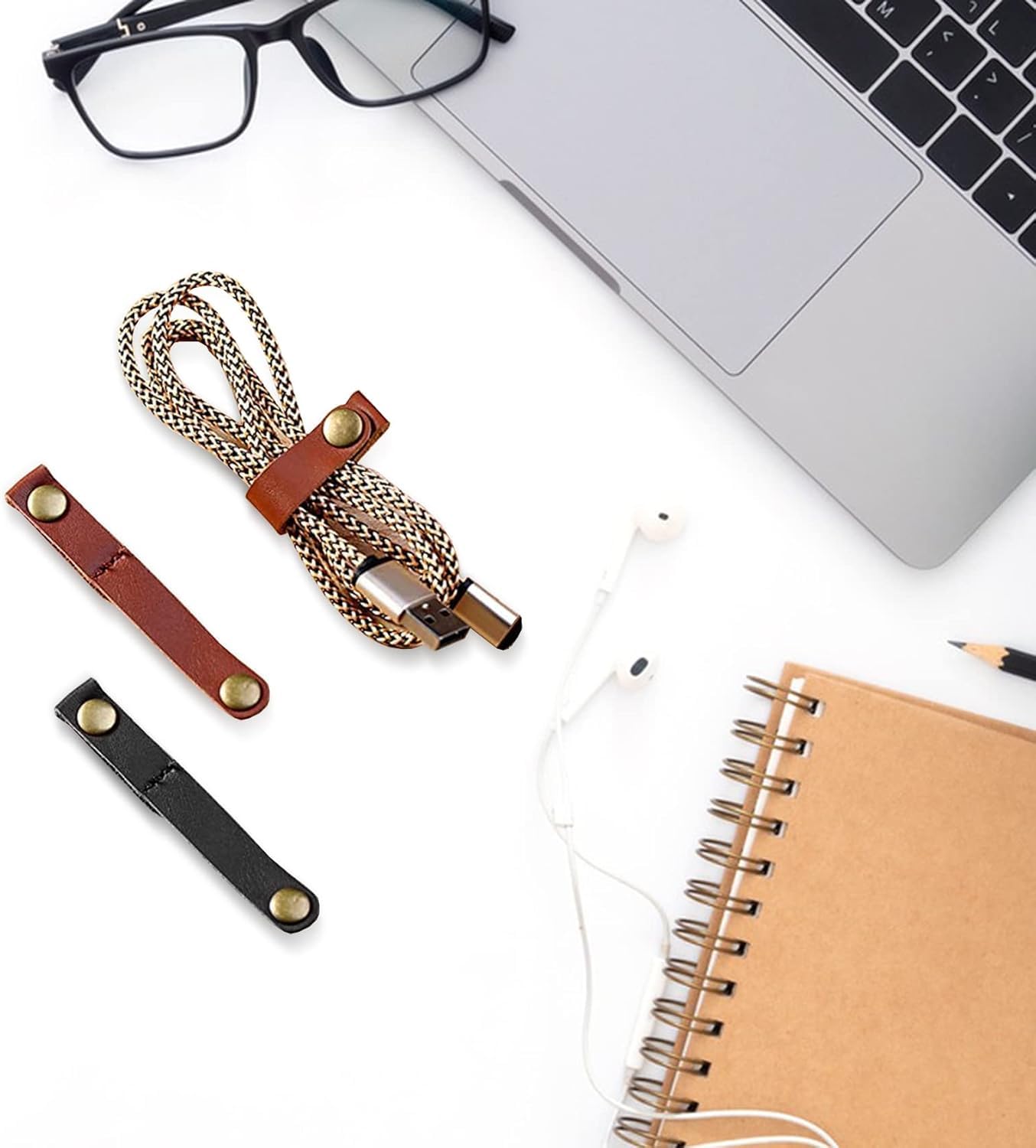 Viaky 24-Pack Leather Cord Organizer Cable Straps, Portable Headphone Usb Cables Keeper Management Ties For Car Office Home (2 Sizes, Black Brown)