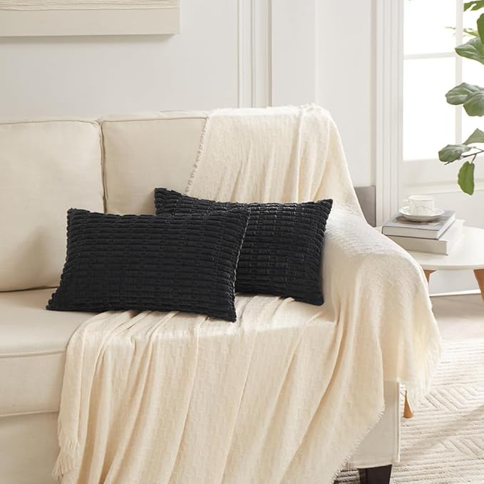 Fancy Homi Black Decorative Throw Pillow Covers 12x20 Inch for Living Room Couch Bed Sofa, Rustic Farmhouse Boho Home Decor, Soft Striped Corduroy Square Cushion Case 30x50 cm