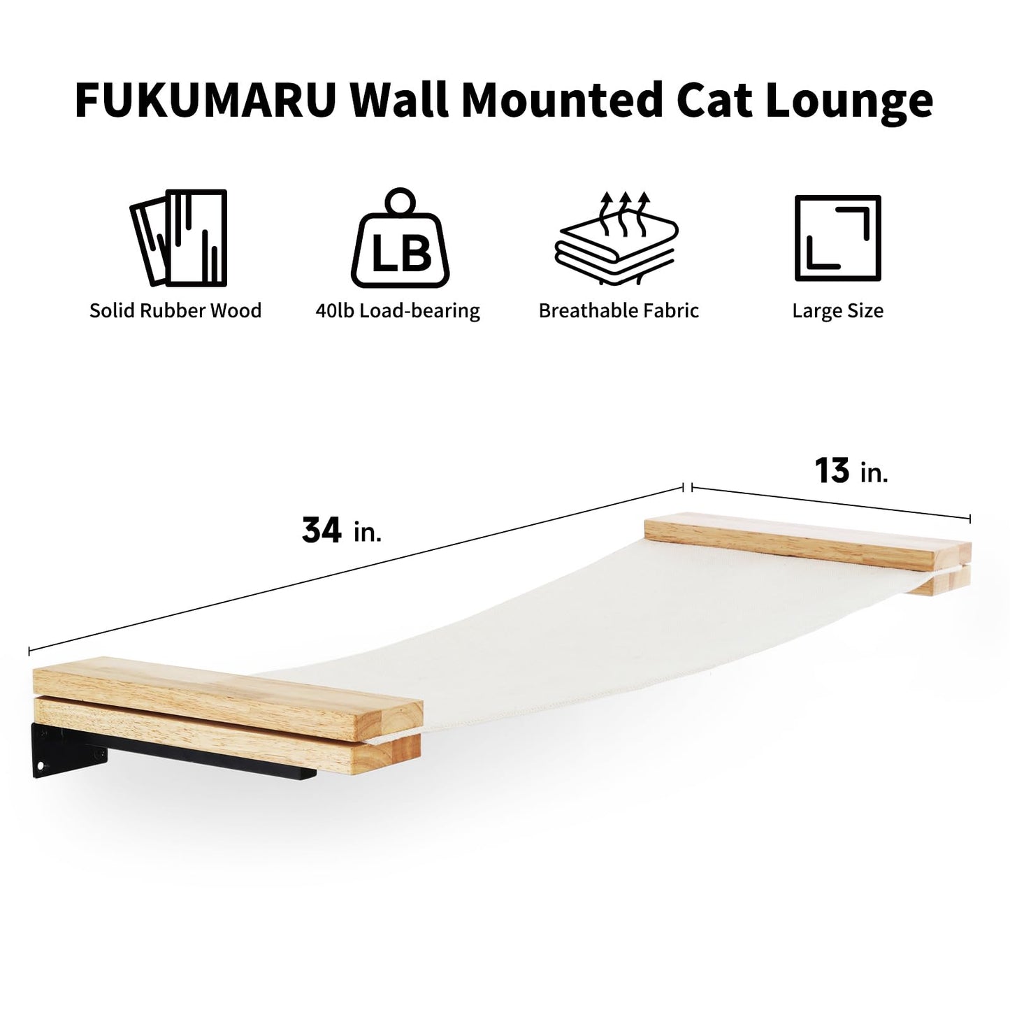 FUKUMARU Cat Wall Furniture, 34 x 13 inch Cats Hammock Shelves, Rubberwood Kitten Window Perch, Easy DIY Installation