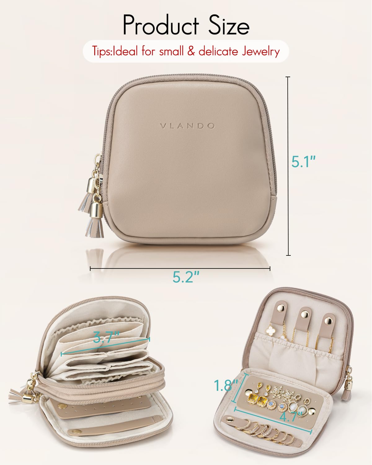 VLANDO Travel Jewelry Case,2-Layer Jewelry Organizer,Gifts for Women Bride,Travel Essentials,Multi-Compartment Jewelry Storage for Rings Earrings Necklaces Bracelets - Toffee