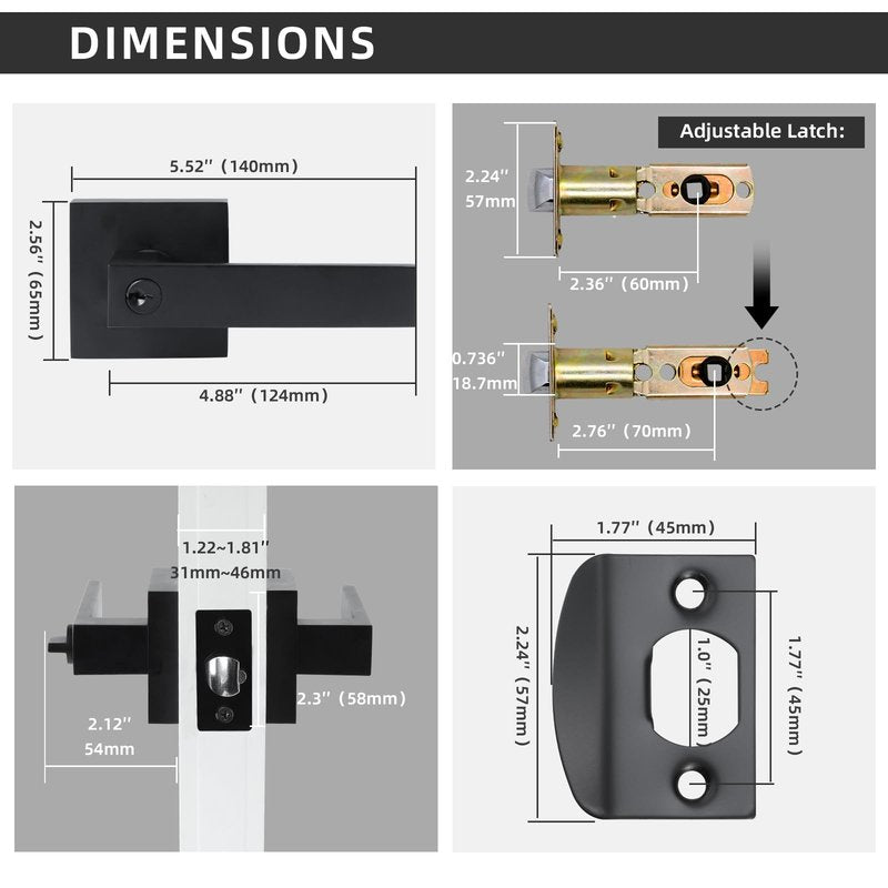 JO.KO Entry Door Lock Set, Square Door Lever for Bedroom, Passage Door Privacy Locking Interior/Exterior Entry Door Knob/Heavy Duty