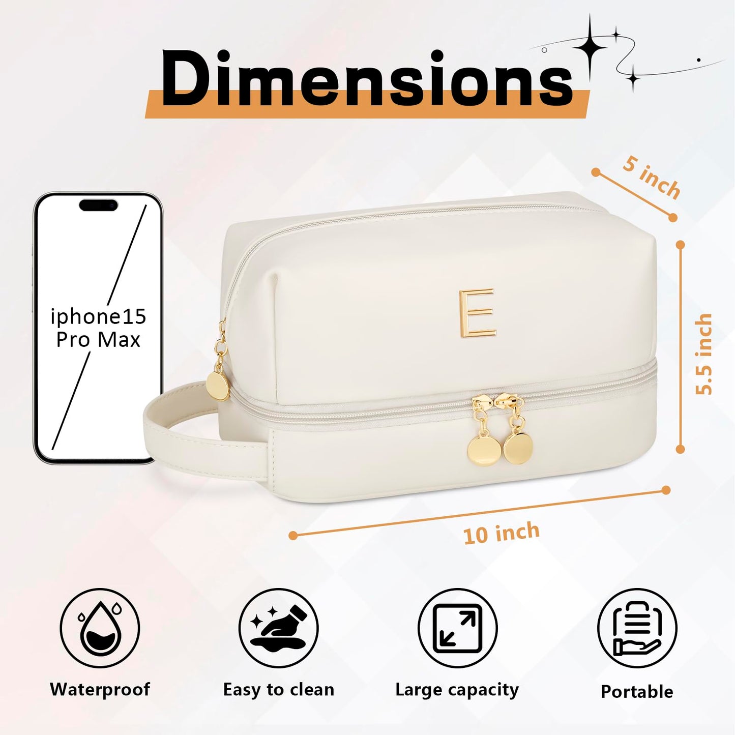 CLOUDWINGS Initial Makeup Bag for Women - Personalized Double Layer Cosmetic Bags with Makeup Brush Organizer, Hanging Travel Toiletry Bag with Large Capacity, Gifts for Mom Girlfriend Wife（Beige E）
